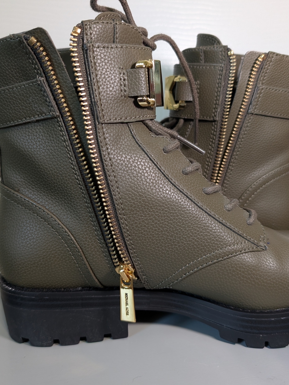 Michael Kors Olive Green Combat Boots with Gold MK Accent - Picture 4 of 5